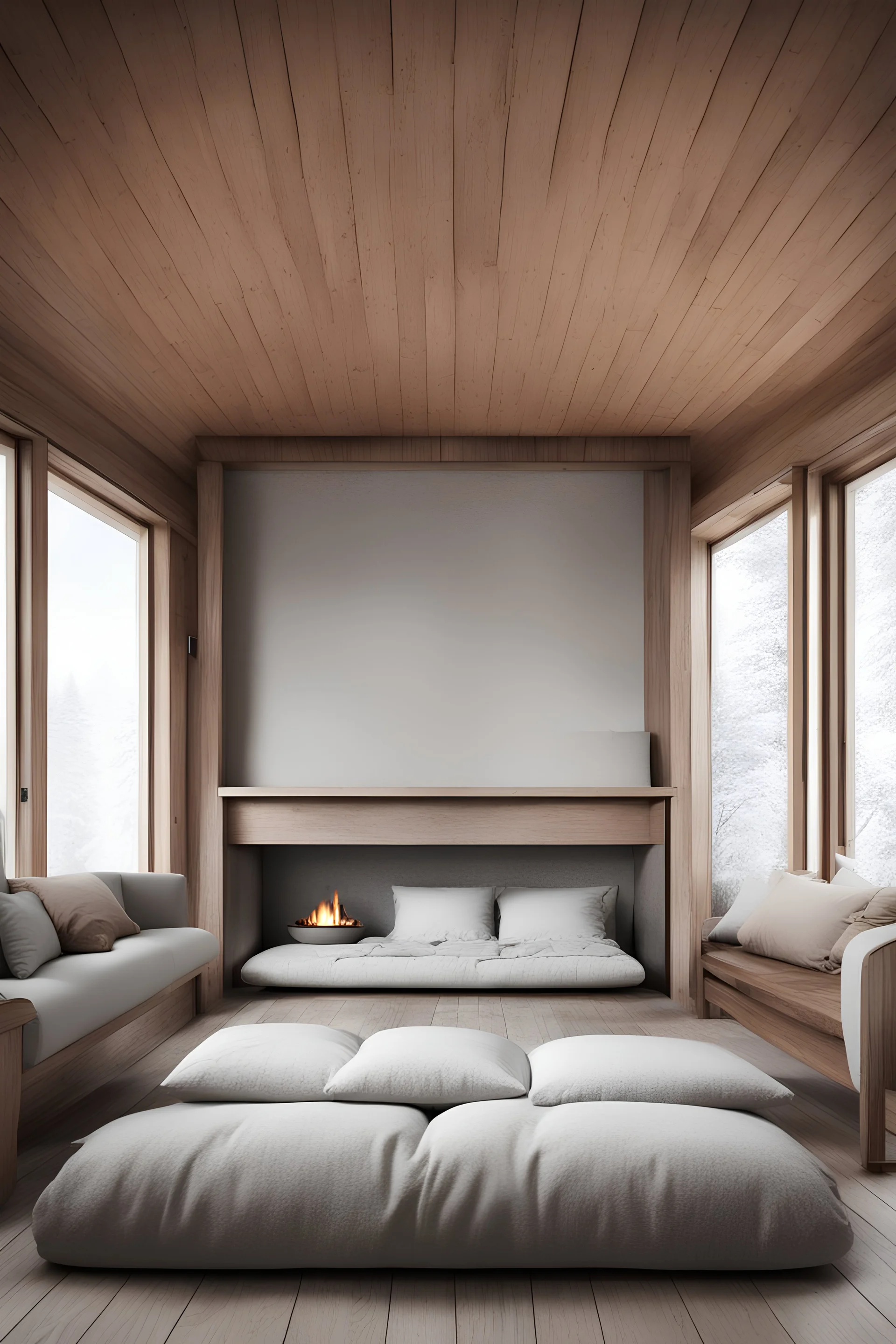 plano frontal de una habitación donde no hay muebles. solo almohadones y una cama con una chimenea y leña de madera noruega