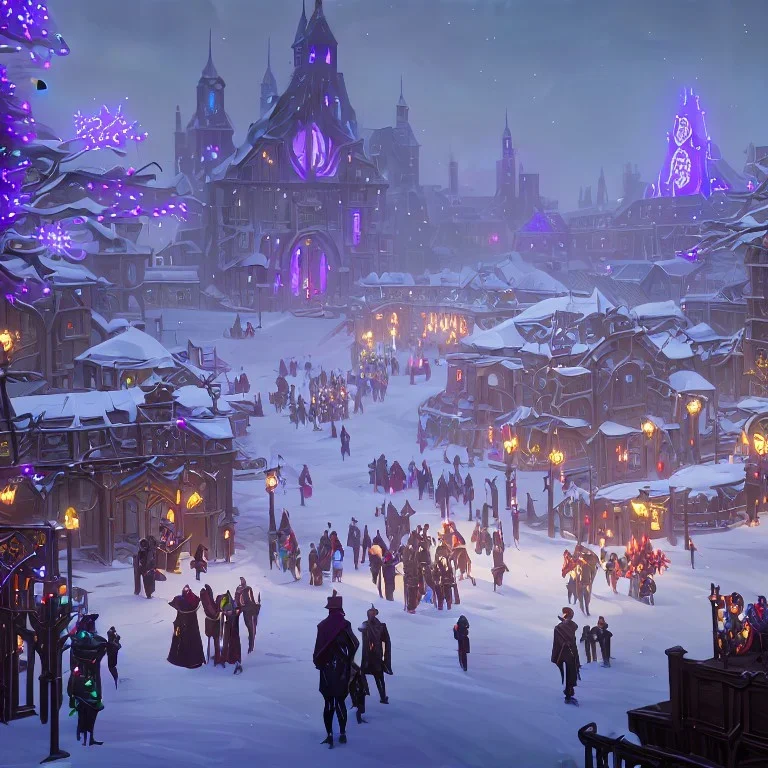 A warlock Christmas festivities in town square with bridges