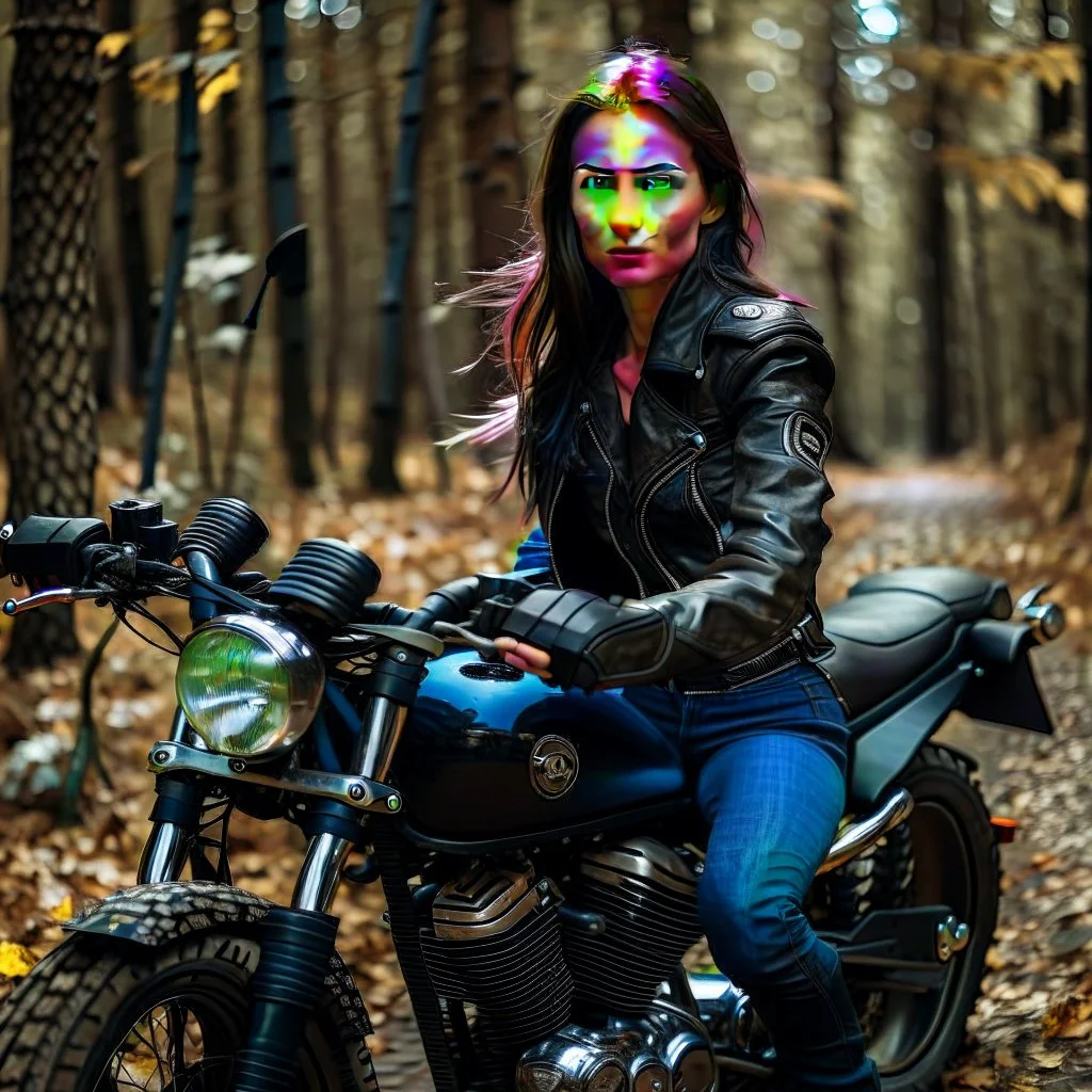 Very attractive woman sitting on a motorcycle. The bike is Yamaha. In the background is a forest.