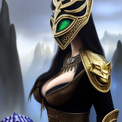 ultra detailed fullbody Portrait in oil on canvas of a beautiful busty woman with Skyrim dragon priest mask and armor,extremely detailed digital painting, extremely detailed face,crystal clear Big eyes, mystical colors ,perfectly centered image, perfect composition,rim light, beautiful lighting, 8k, stunning scene,extremely sharp detail, finely tuned detail, ultra high definition raytracing, in the style of robert e howard and pablo oliveira and Ken Kelley and Ohrai Noriyoshi and Simon Bisley