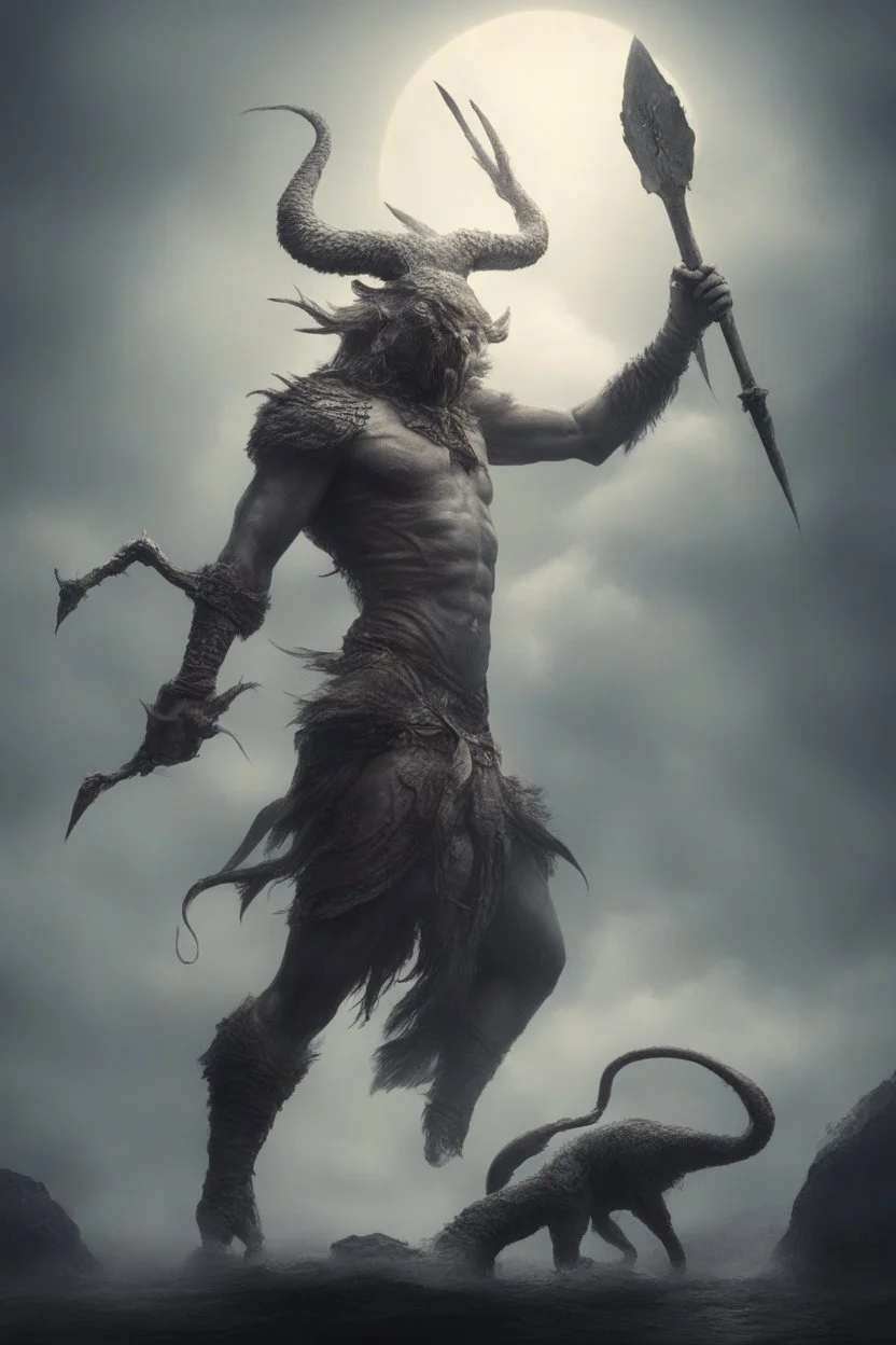 A worrier holding a spear fighting with a creature from another world
