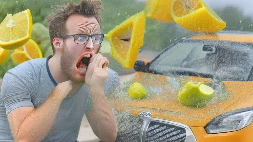 guy in hurricane arguing on phone next to his kia sportage made out of lemons