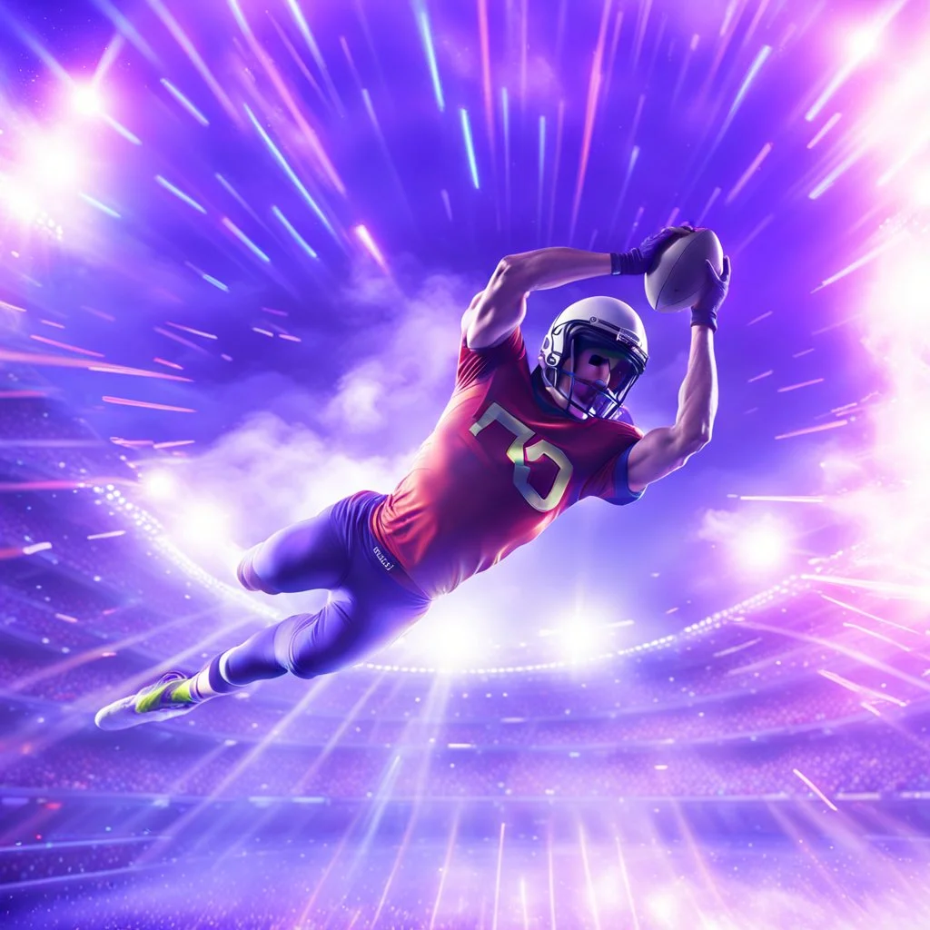 colourful rounded infinity symbol ∞ on shirt, American football player diving with an American football in both hands to score a touch down, striking, vibrant, chiaroscuro, dramatic, captivating, powerful, beautiful, octane render, 16k post-production, artstation: award-winning: atmospheric: commanding: fantastical: clarity: ultra quality: striking: brilliance: stunning colors: amazing depth; lens: f/11, 35mm