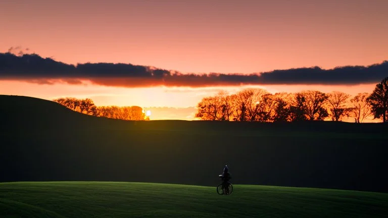 Silhouette of a lone rider on the green hill at sunrise