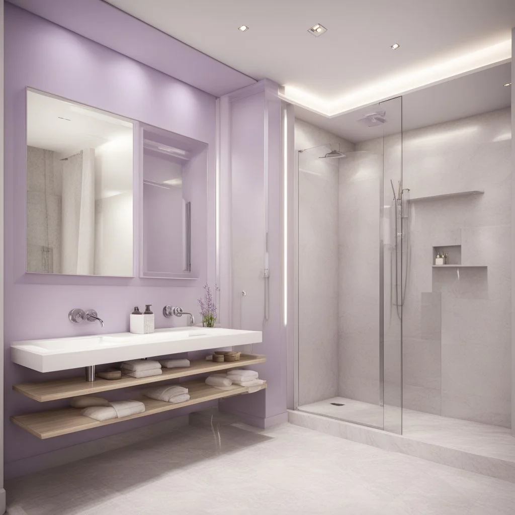 hotel bathroom, modern classic style, lavender colors, 3d