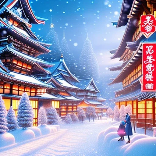 snowy Japan modern city landscape in winter, building light on, beautiful, colorful, old anime style, high details, high quality 8k