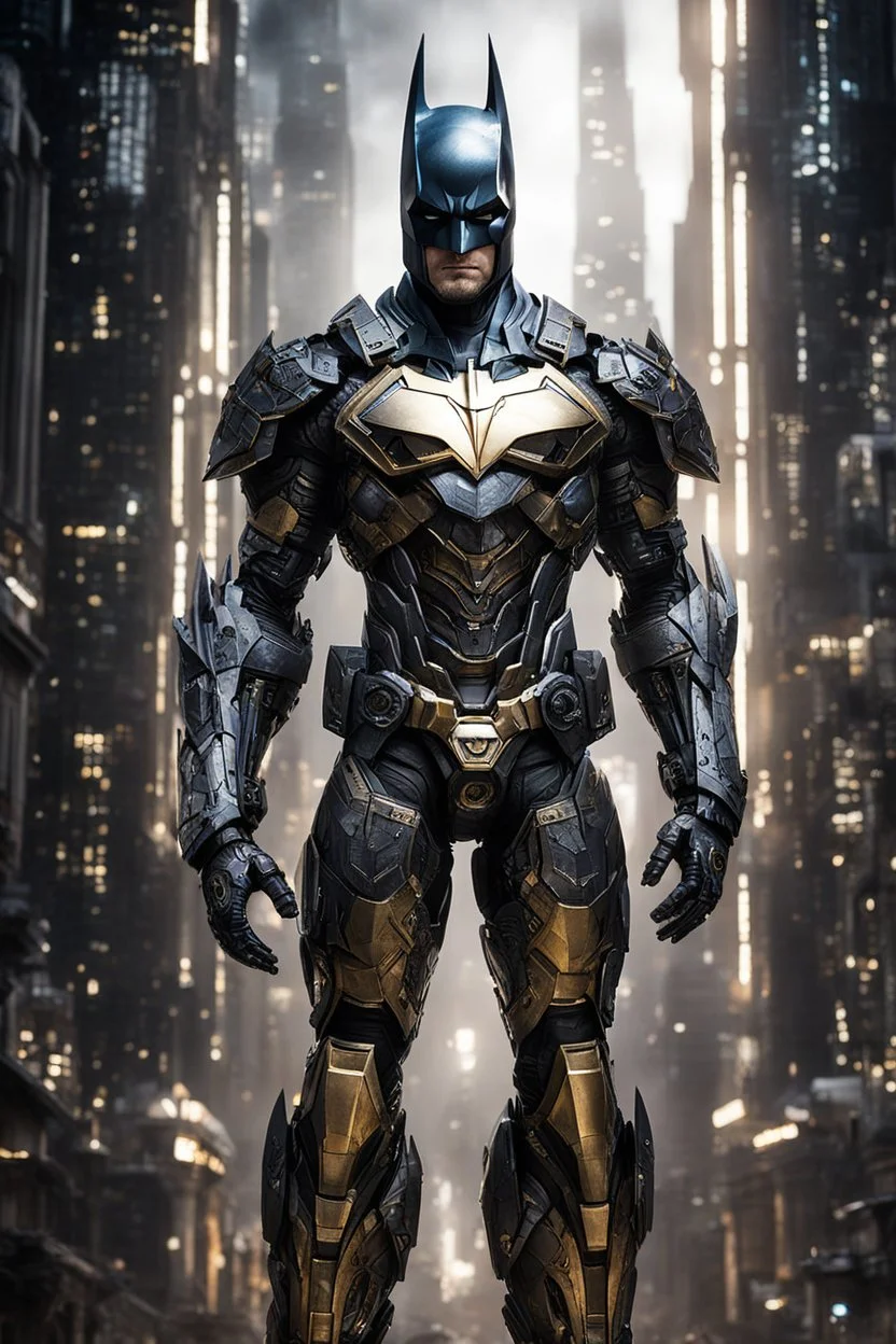 Fullbody photography front view of a Batman mech in transformative style, his metallic skin gleaming with intricate textures and intricate details, captured in an ultra-realistic style that blurs the lines between reality and imagination, cosmic background