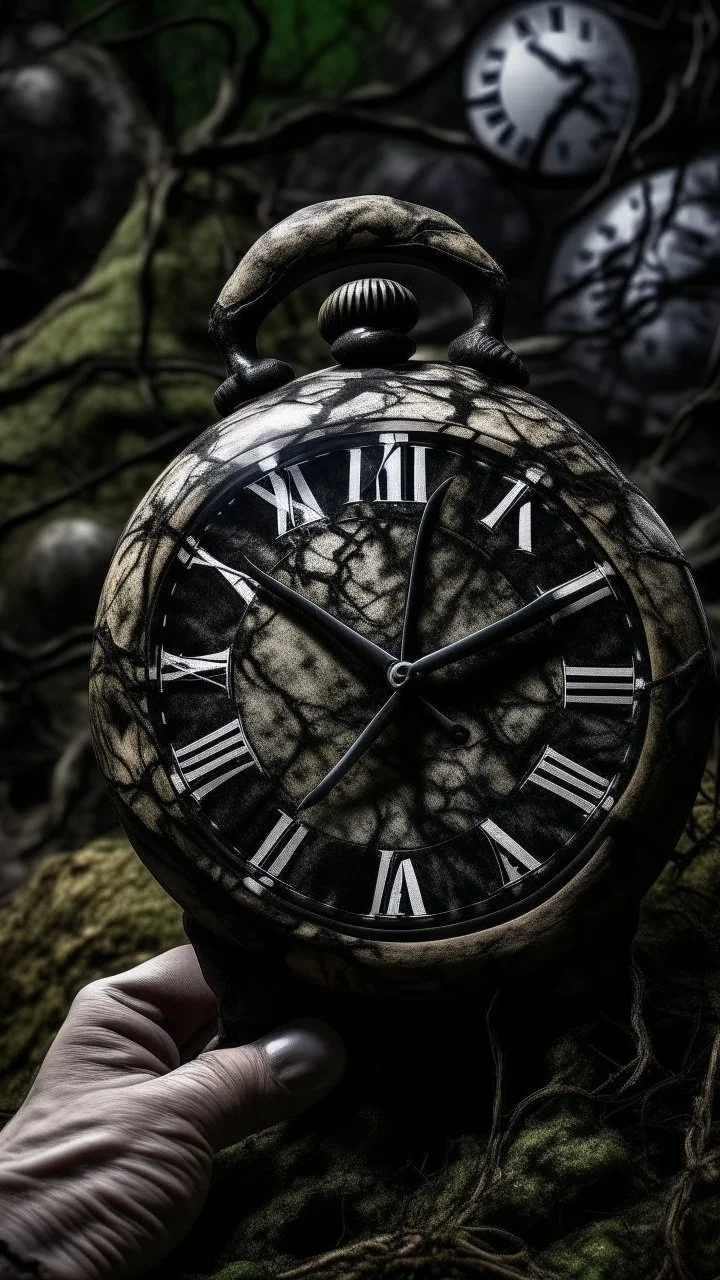 An old clock in the background of black vein, human veins, mixing together a lot of them, like a forest, big and small veins a lot of them, a hand on an old army helmet