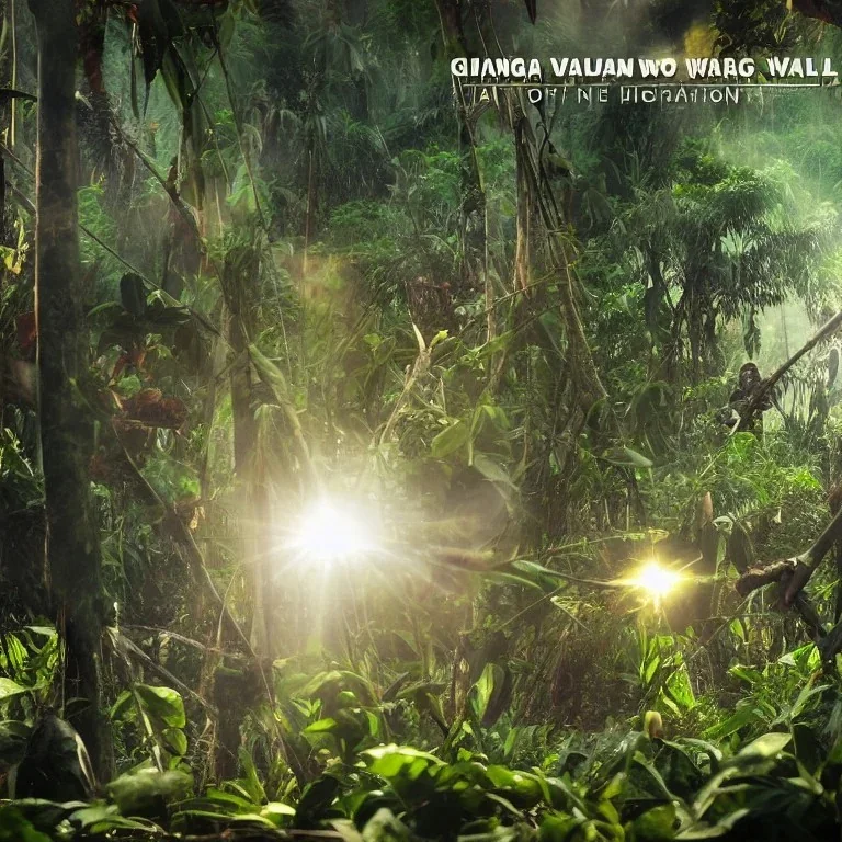 vietnam war. jungle. cd cover. bokeh. lens flare. warm lights. high detailed