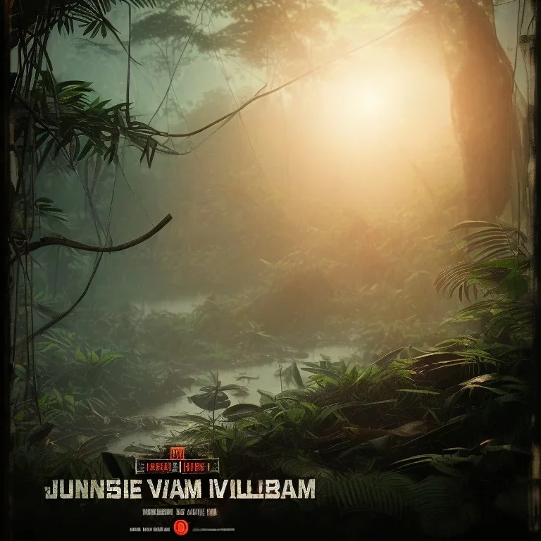 vietnam war. jungle. poster. bokeh. lens flare. warm lights. high detailed