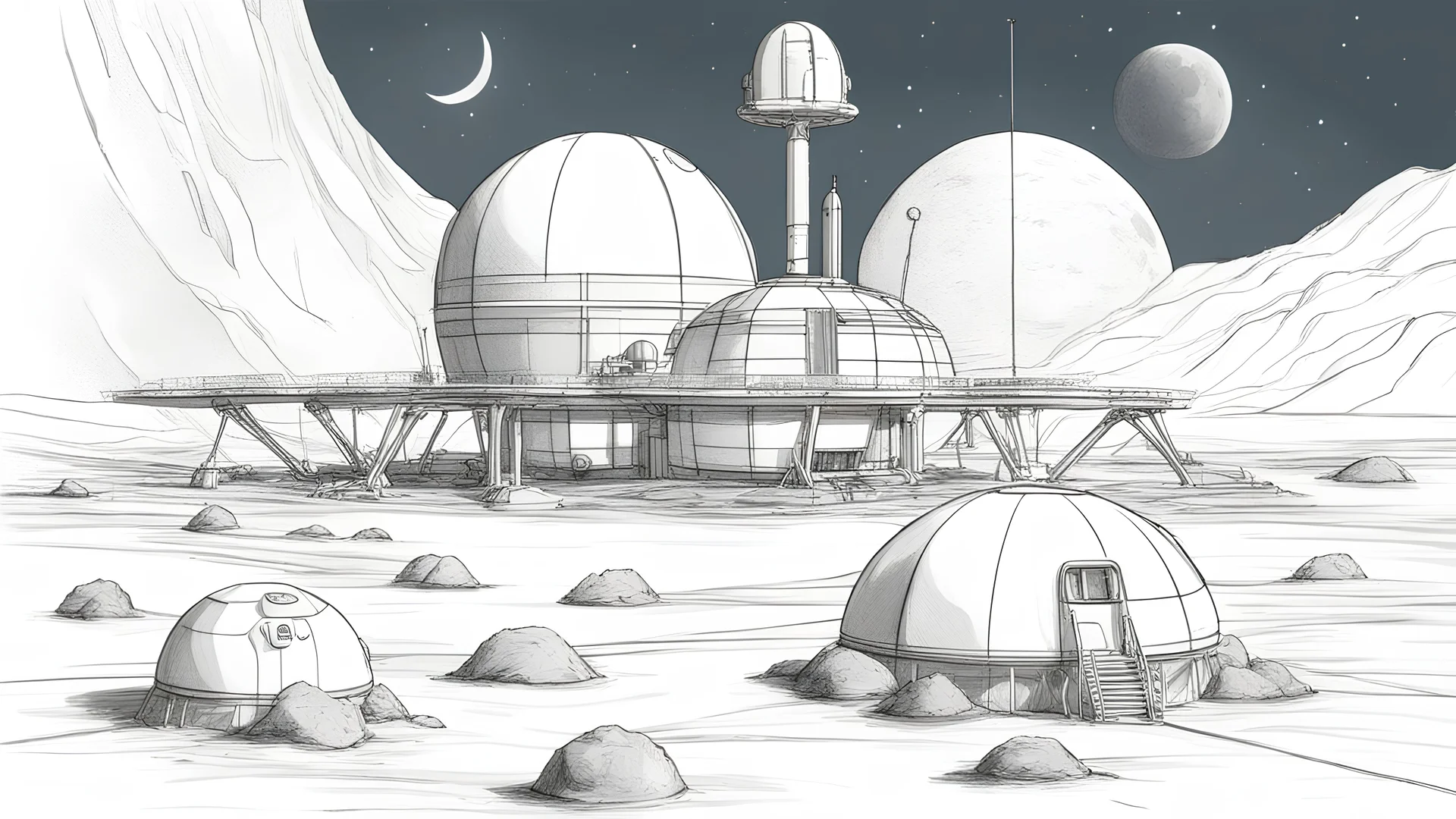 sketch drawing of tranquility base colony on the moon, sci fi futristic dome structure with oxygen tank and farms. moon base.