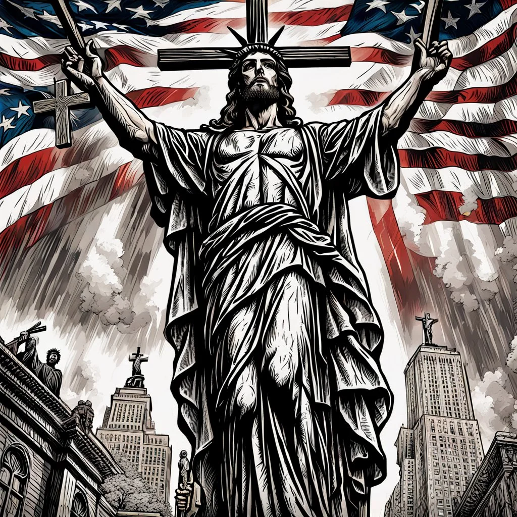 crucified on the cross christ liberty hybrid tone, american flag robes, line tone ,woodcut, engraved, wall street journal style, statue of cruicified Jesus of Liberty with a beard and wearing a cross and hanging from a cross, The statue male, hyperdetailed intricately detailed photoillustration ink drawing dystopian 8k resolution entire body of the statue is in the picture. digital illustration telephoto lens photography , same colors as the us treasury's one dollar bill, crucified"