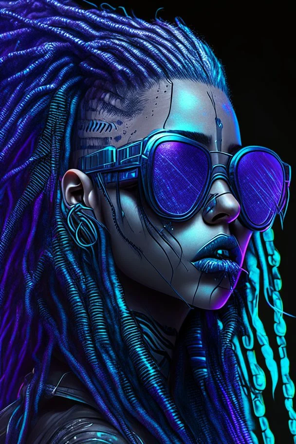 siren cyberpunk some fish scales on face indigo hair dreadlock sunglasses