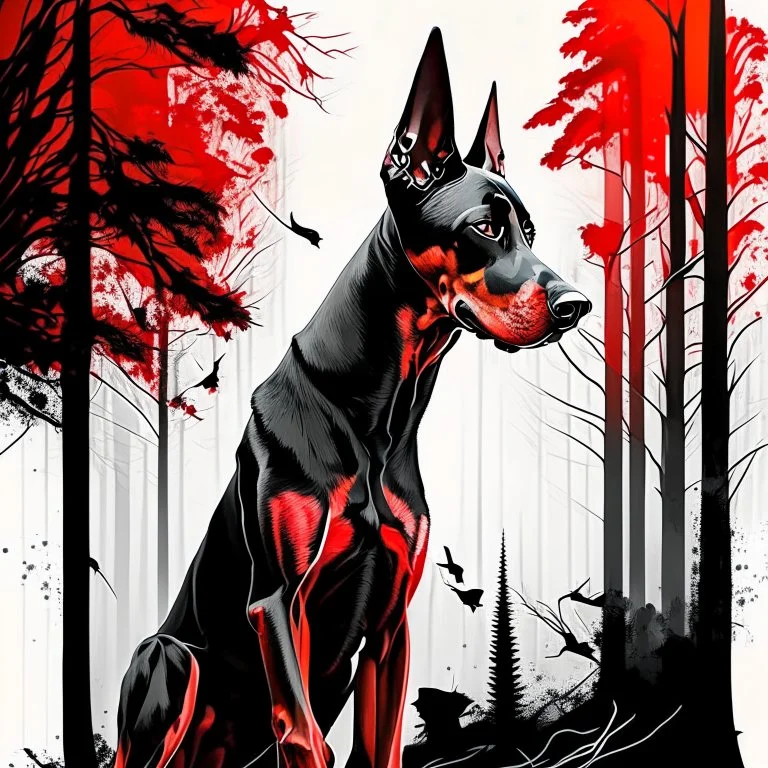 Doberman dog sitting, front view, full body, ink lineart red white black pointy ears trees, front view