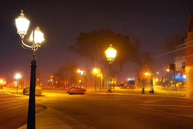 Small fantasy town, stormy, street lights