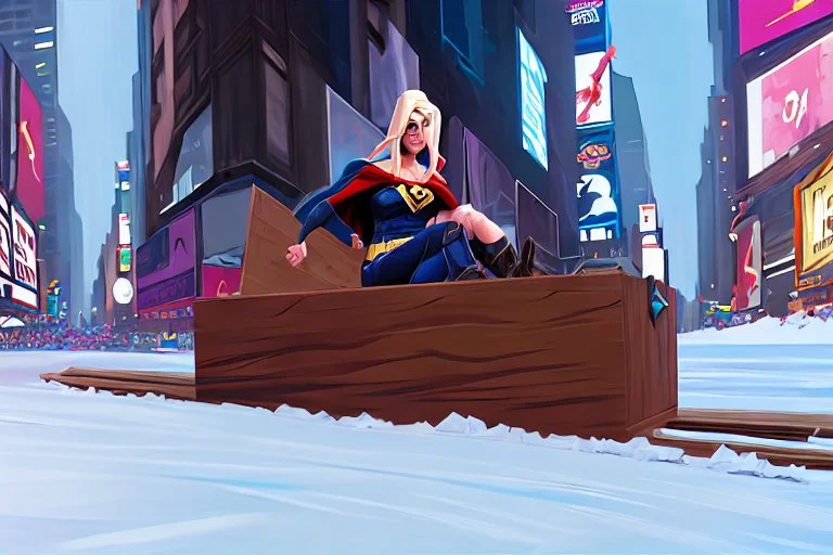 Supergirl merrily sliding inside a very old soapbox of wood, over a huge pile of snow in Times Square.