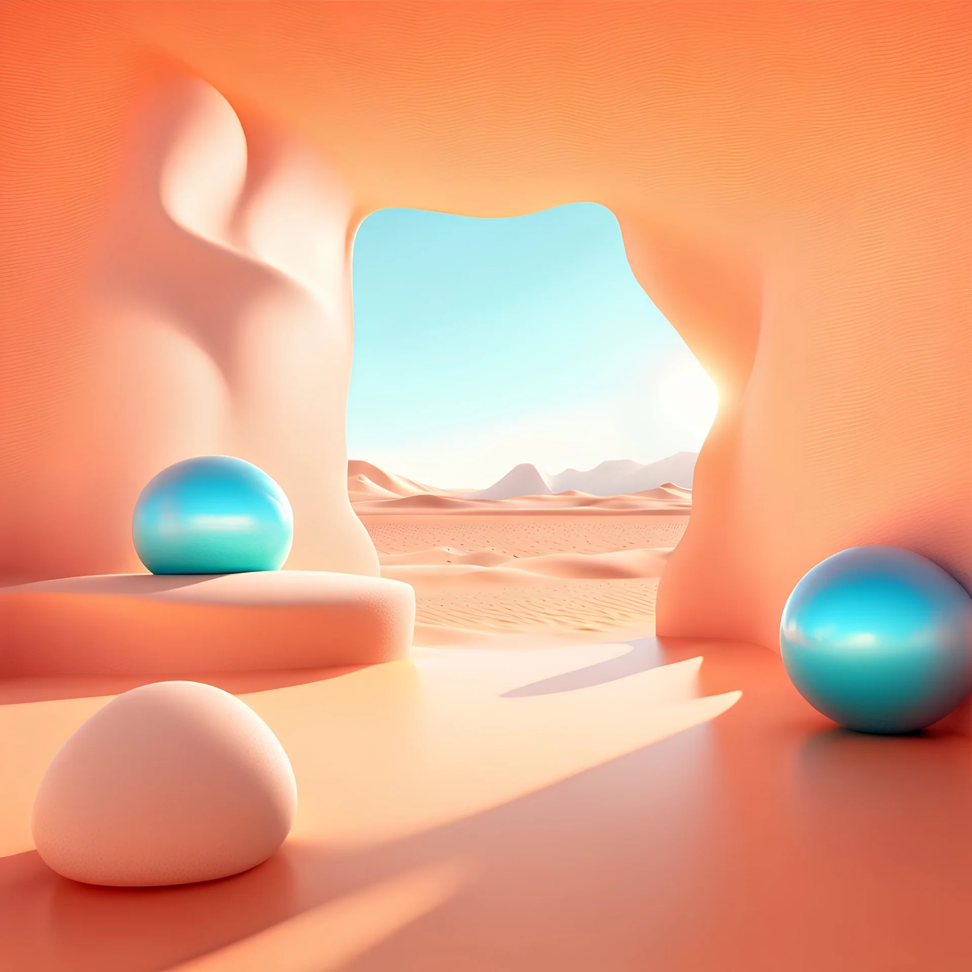 Bright, glittering, 3d, plastic-like, surreal objects in a bright environment, desert, noon light, creepy