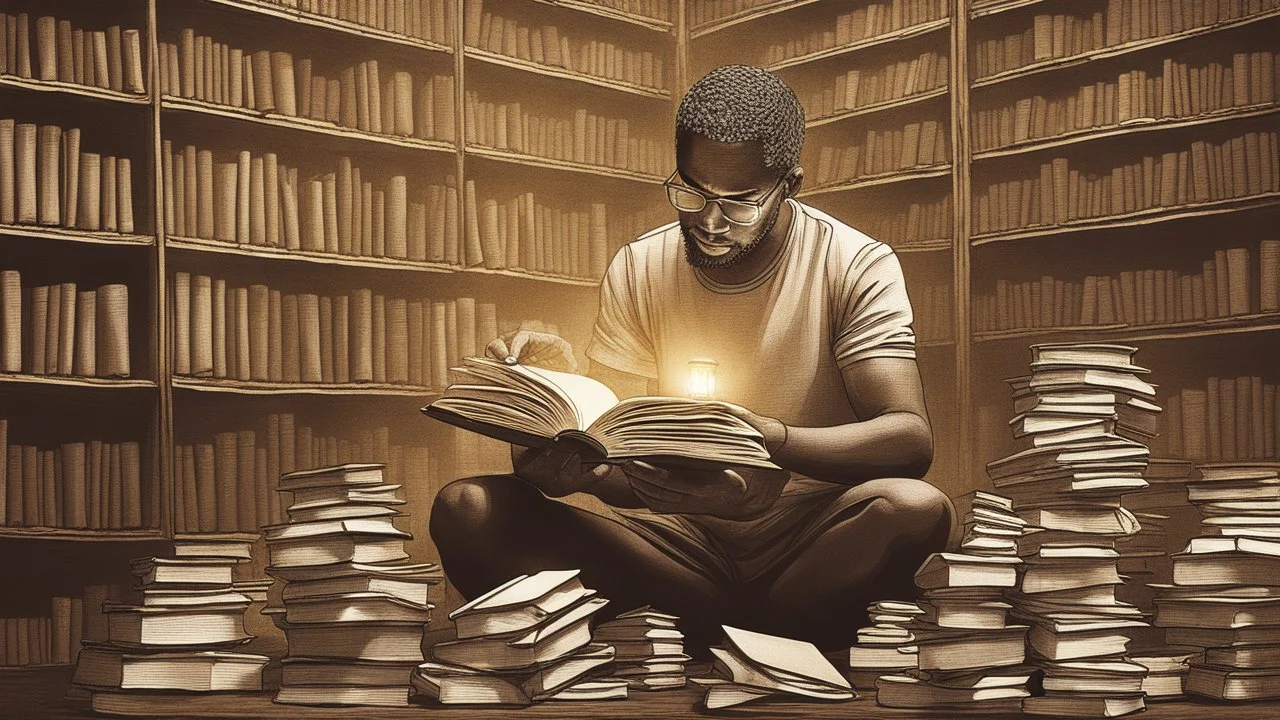 The image captures a moment of deep immersion in the world of books and personal development. It offers a unique glimpse as the person sits surrounded by books, engrossed in reading content that contributes to self-improvement and acquiring new knowledge. The proper lighting and intricate details enhance a positive and motivating atmosphere for learning and growth. The image portrays a scene where the individual is actively engaging in self-development through reading, highlighting the impact of