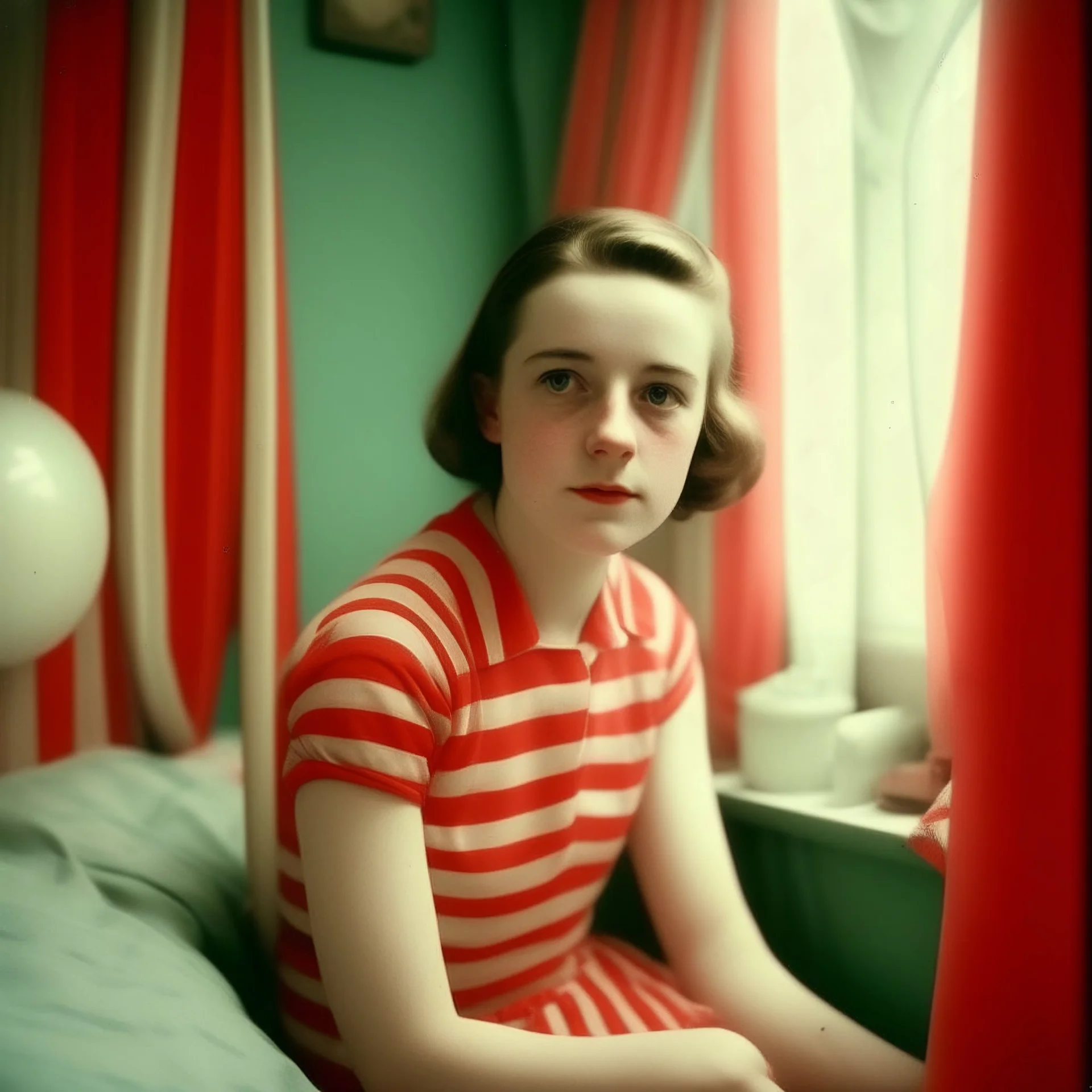 billie eillish with freckles and red cheeks, in a bubble, in a bedroom, autochrome, background with red and white stripes