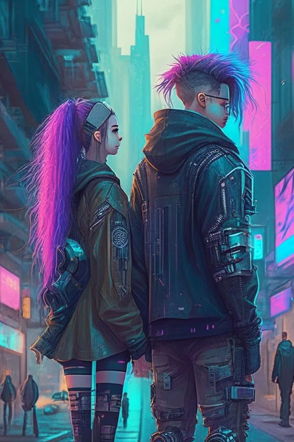 Science fiction, cyberpunk, girl and guy, love at first sight, city street