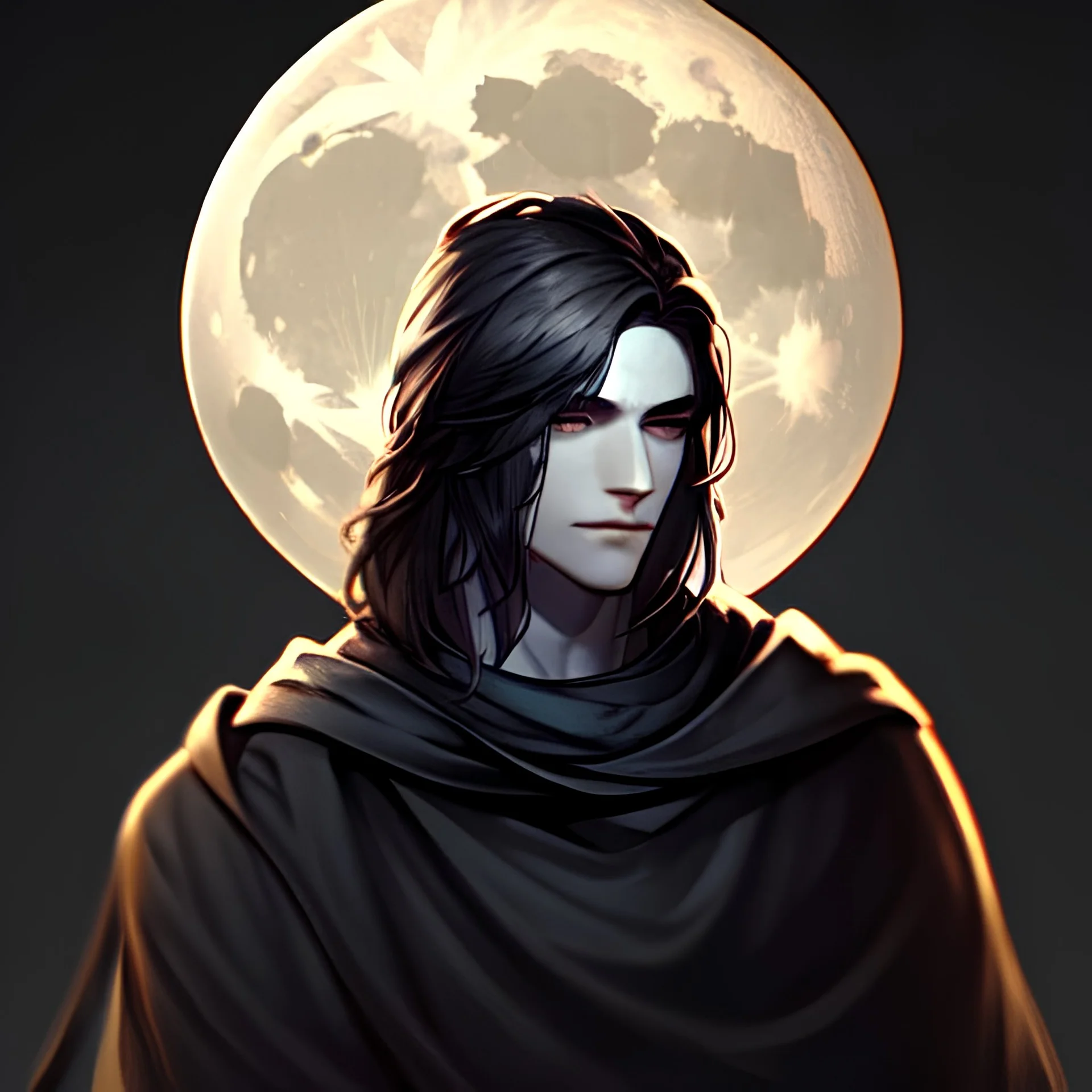 God, Moon King, Male, silver skin, portrait, max detail, hd, dark hair, dark souls style, detailed eyes, eye color blue