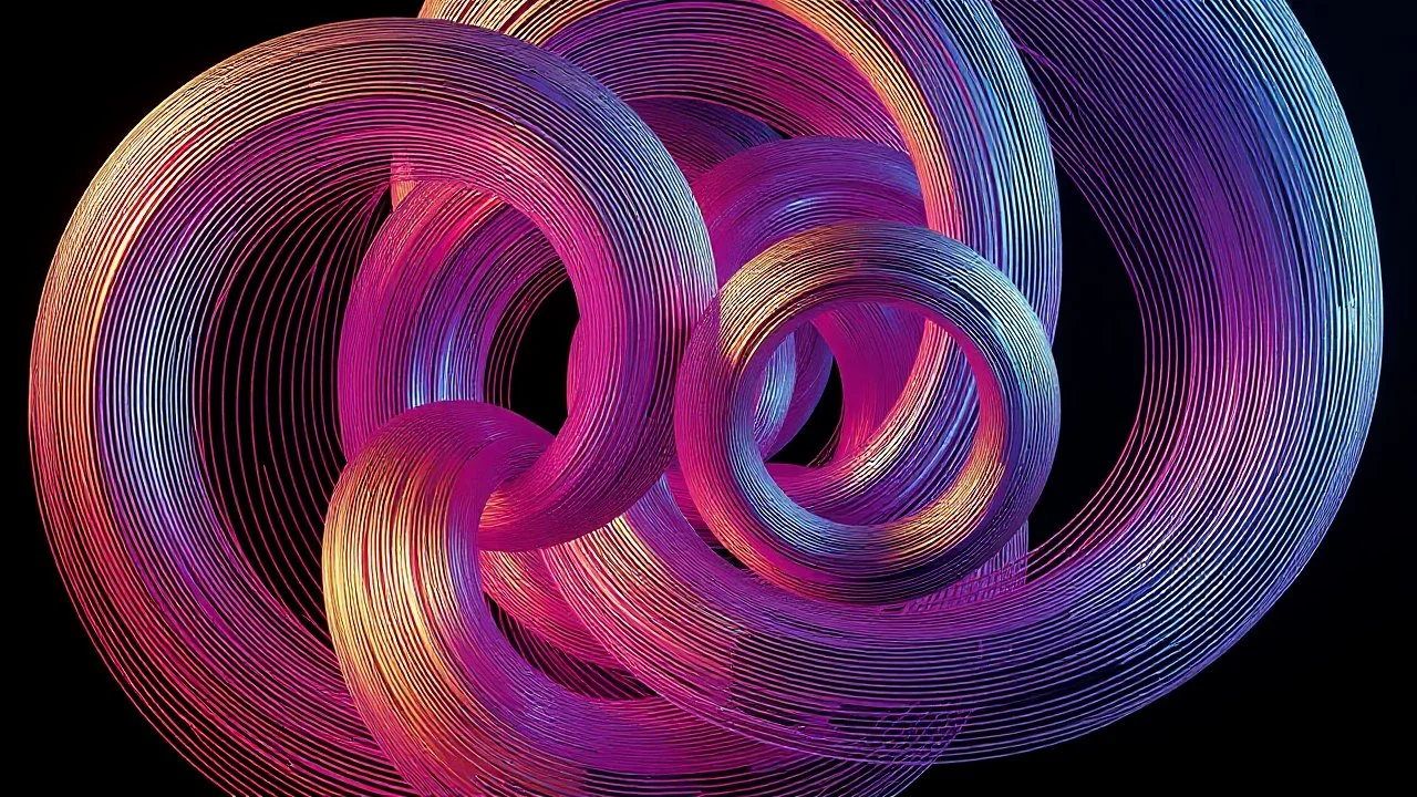 3d structures recursive made of a metallic random color ribon thick line art of circlular objects ,pretty gallaxy background