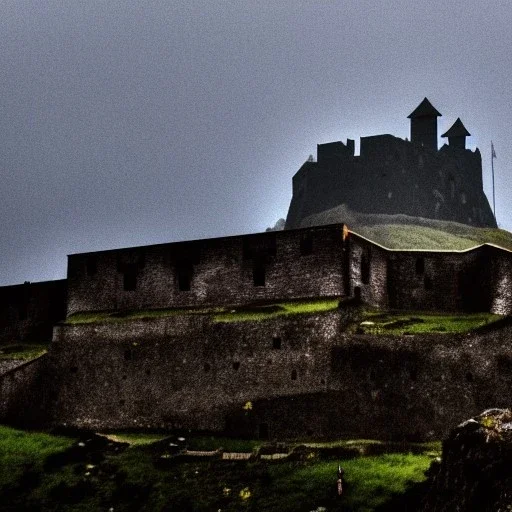 A dark, medieval fort in the distance atop a mountain.