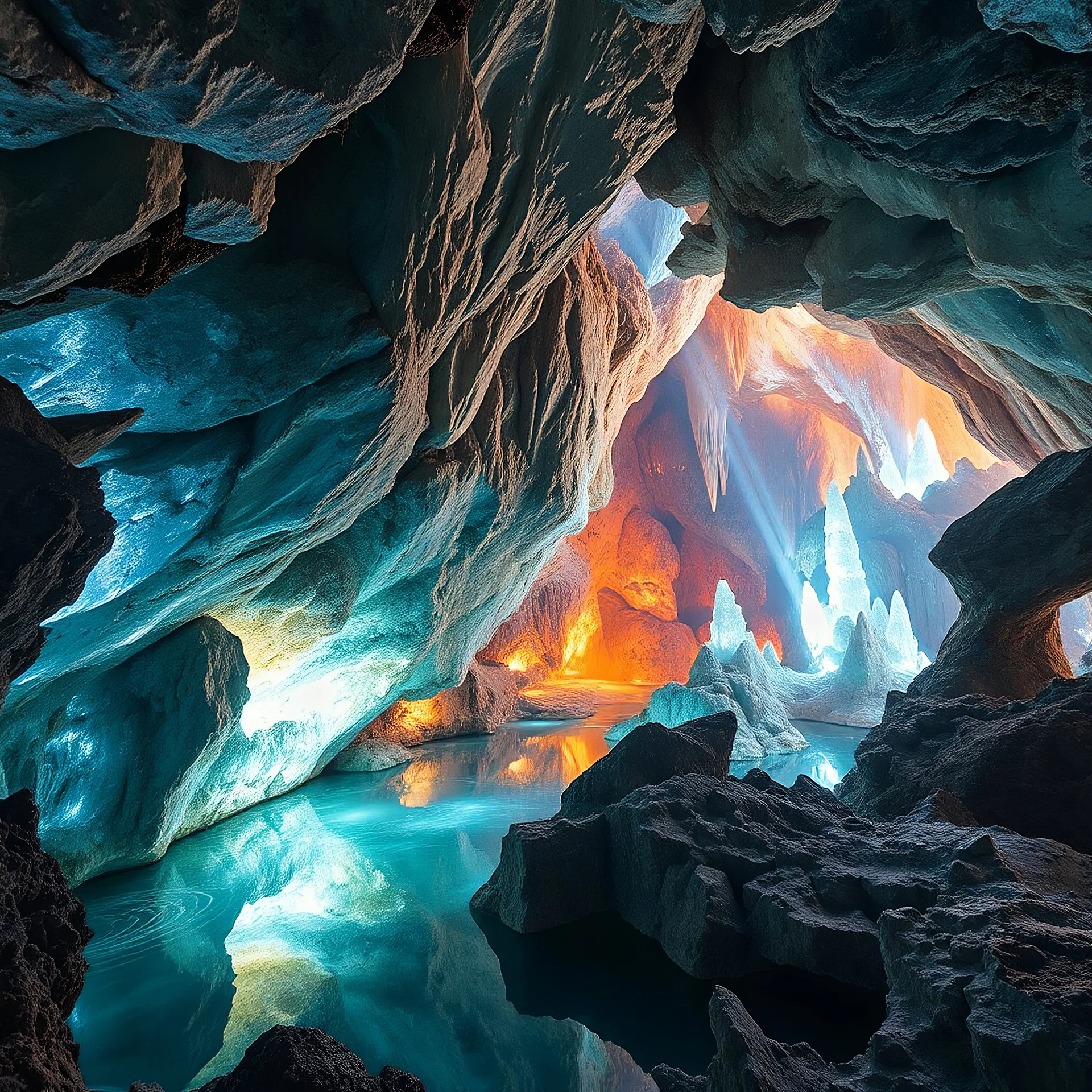 Award-winning Ultra-realistic fantasy photography of a spectacular underground crystal cavern filled with colossal luminous gemstone formations, crystal-clear subterranean lake reflecting magical light, extraordinary realism, professionally captured with advanced cave photography techniques, masterpiece,, 64k