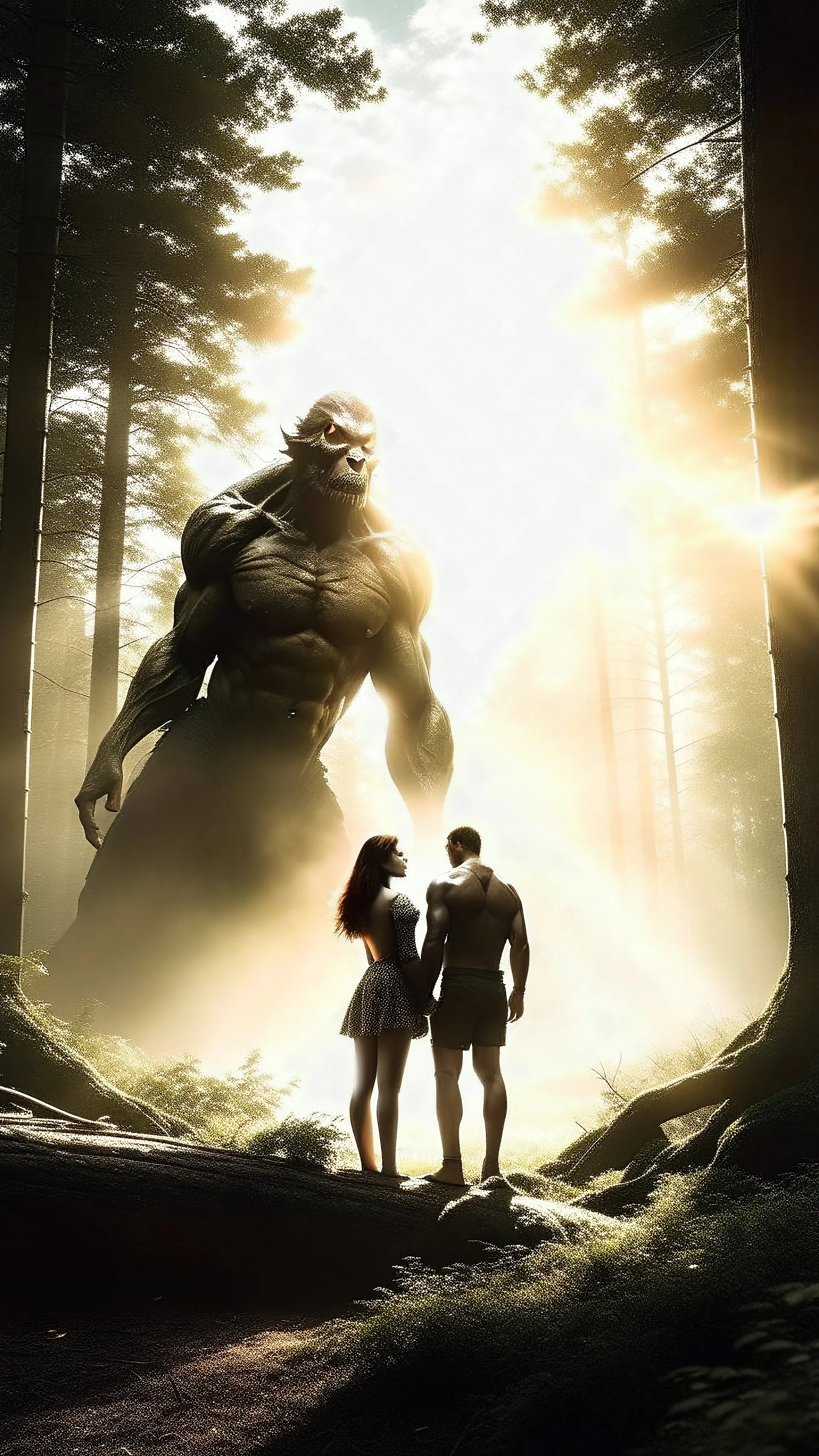 random Human in forest in background. Sunlight through clouds. Giant Nephilim holding a beautiful girl in the background