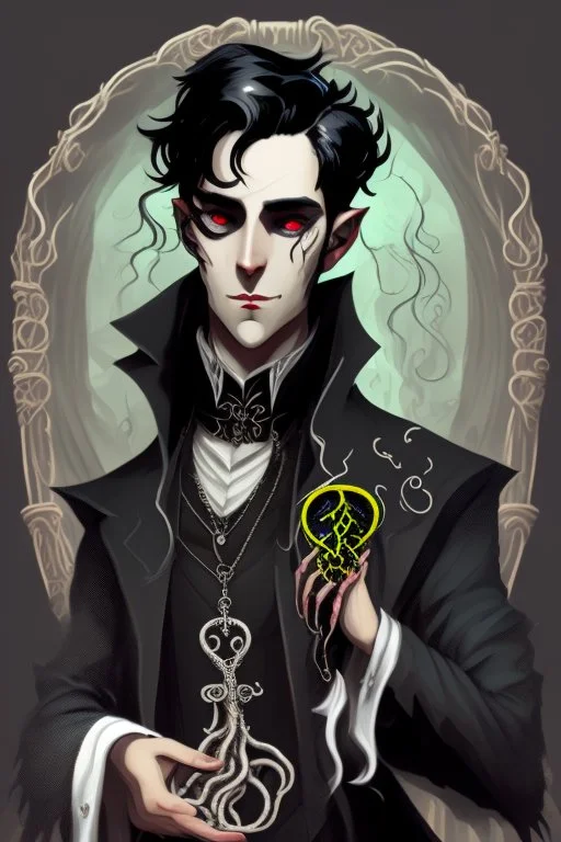 black haired young man necromancer wizard with gothic jewelry and tentacle fingers in the style of Fyodor Pavlov