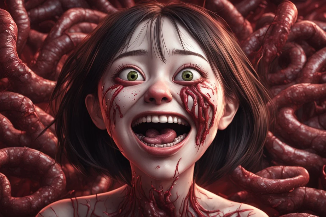 Woman with rare eyes,smiling meanwhile many worms streaming from his mouth, face distorted with pain, screaming, tears streaming, siting pose, fullbody, Junji Ito style, darkred tones,high detailed, 4k resolution, digital paiting, cute, art, no background 3d pixar disney the cinematic FKAA, TXAA, and RTX graphics technology employed for stunning detail.