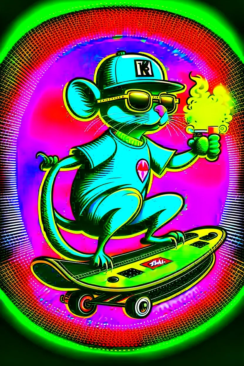 A rat on a skateboard, with glasses and a helmet; the rat laughs; fire coming from behind; cartoon style complementary colors, with the text "FISCALIA COLOMBIA"