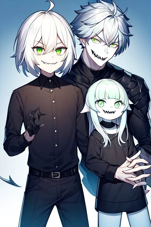 plauge doctor in balck leather clothes with silver hair, pale skin and bright green eyes smiling with sharp teeth, nice young face, male, viscious smile