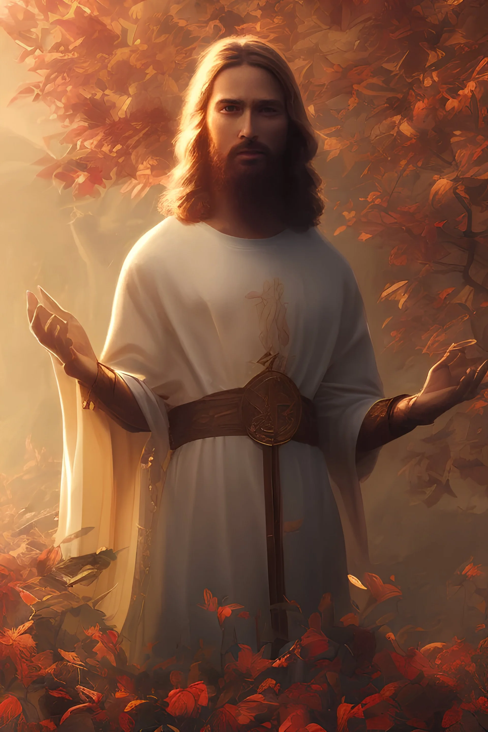 Jesus portrait , detailed hands, at dawn by atey ghailan, golden light , white robe, holding leaves and flowers , angels background, volumetric light, high detail, red leaf tree, mountains in background, perfect