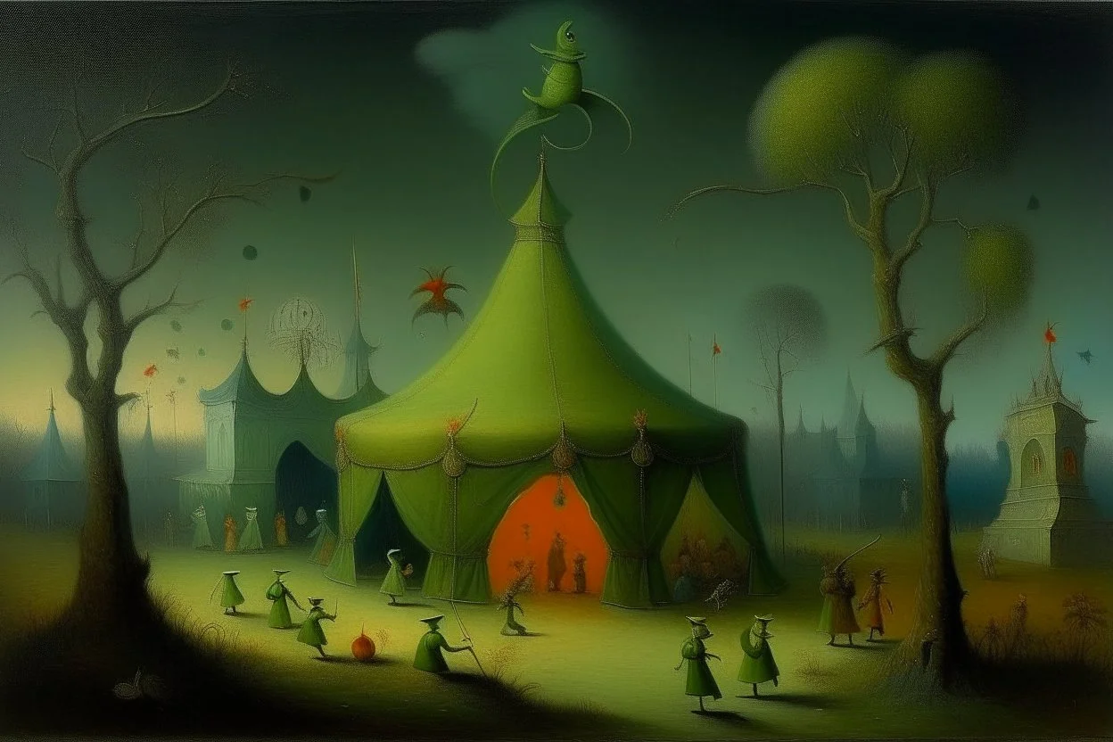 An olive green Halloween themed circus painted by Ivan Aivazovsky