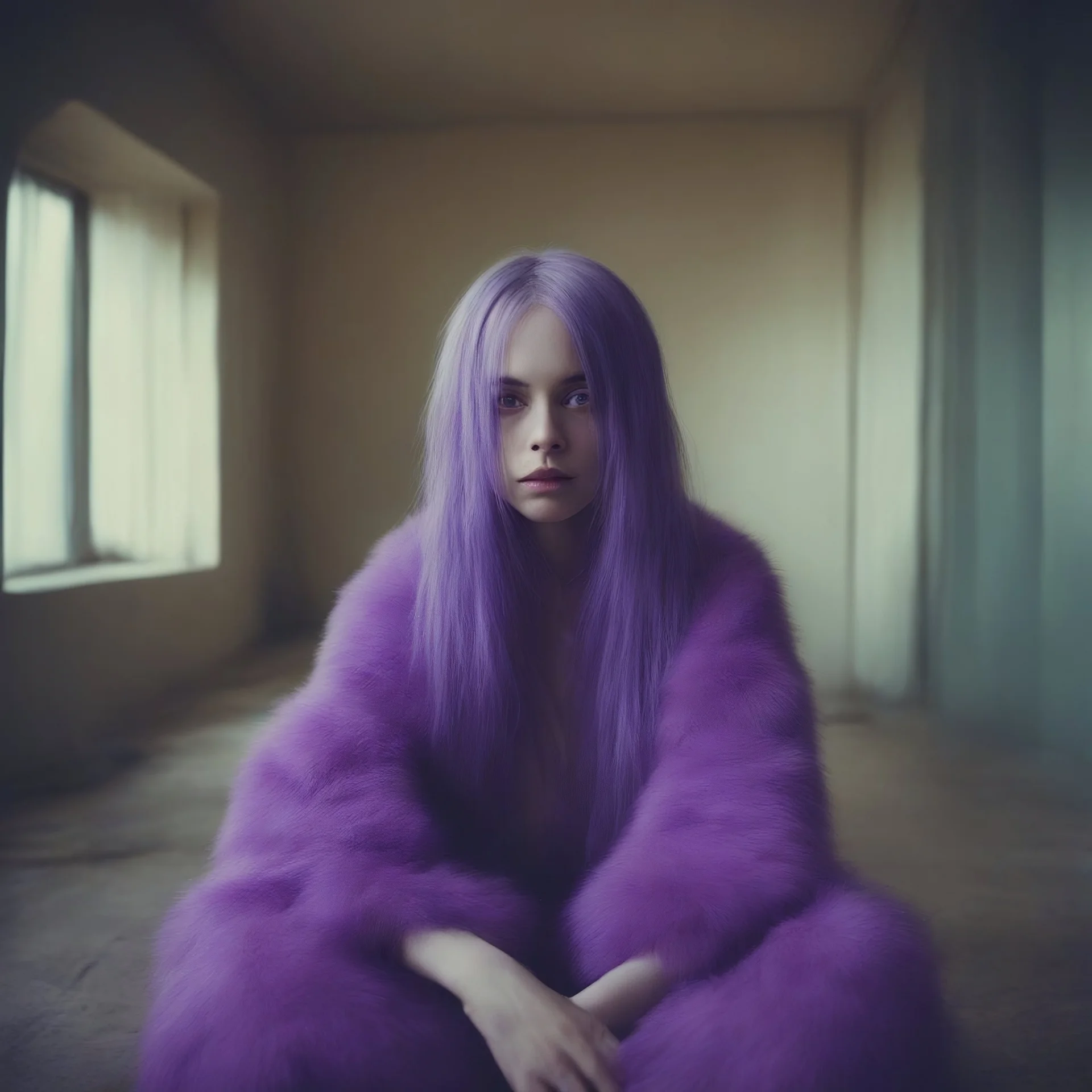 singer billie eilish without a face, , hippie girl, purple fur, in a liminal empty room, old autochrome