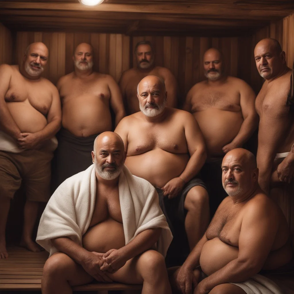 close up photography of a group of turkish and marocan strong chubby, 55 years old ugly men embraced, manly chest, covered with a small towel , shaved beard, shaved hair, photorealistic, manly legs, manly arms, sitting in a steamy sauna, clouds of steam, side light