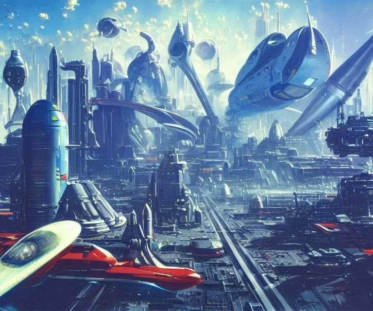 Spaceport on a heavy industrialized planet with a vibrant city in the background and a starting spaceship in the foreground, art by John Berkey, buildings with glass facades, insanely detailed, vibrant, 8k uhd, cinematic atmosphere, ultra-wide angle, street level view, brush strokes, blue sky with clouds, sharp focus