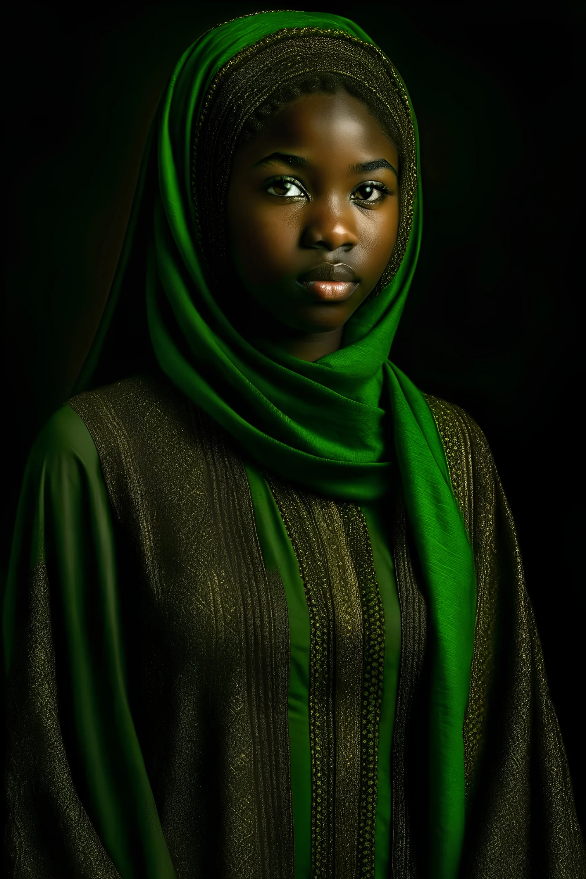 A veiled Muslim girl with calm features. Her eyes are brown with a wheat-coloured complexion. She looks forward. The focus is on the waist of the dress. The girl’s features are African-Arab features. She wears a dark green satin dress with embroidery. The neckline defines the slim waist and highlights the beauty of her slim waist. It is decorated on the chest. The sleeves are made of dark green satin. A mannequin with a delicate decoration. High quality, the consistency between the size of the d