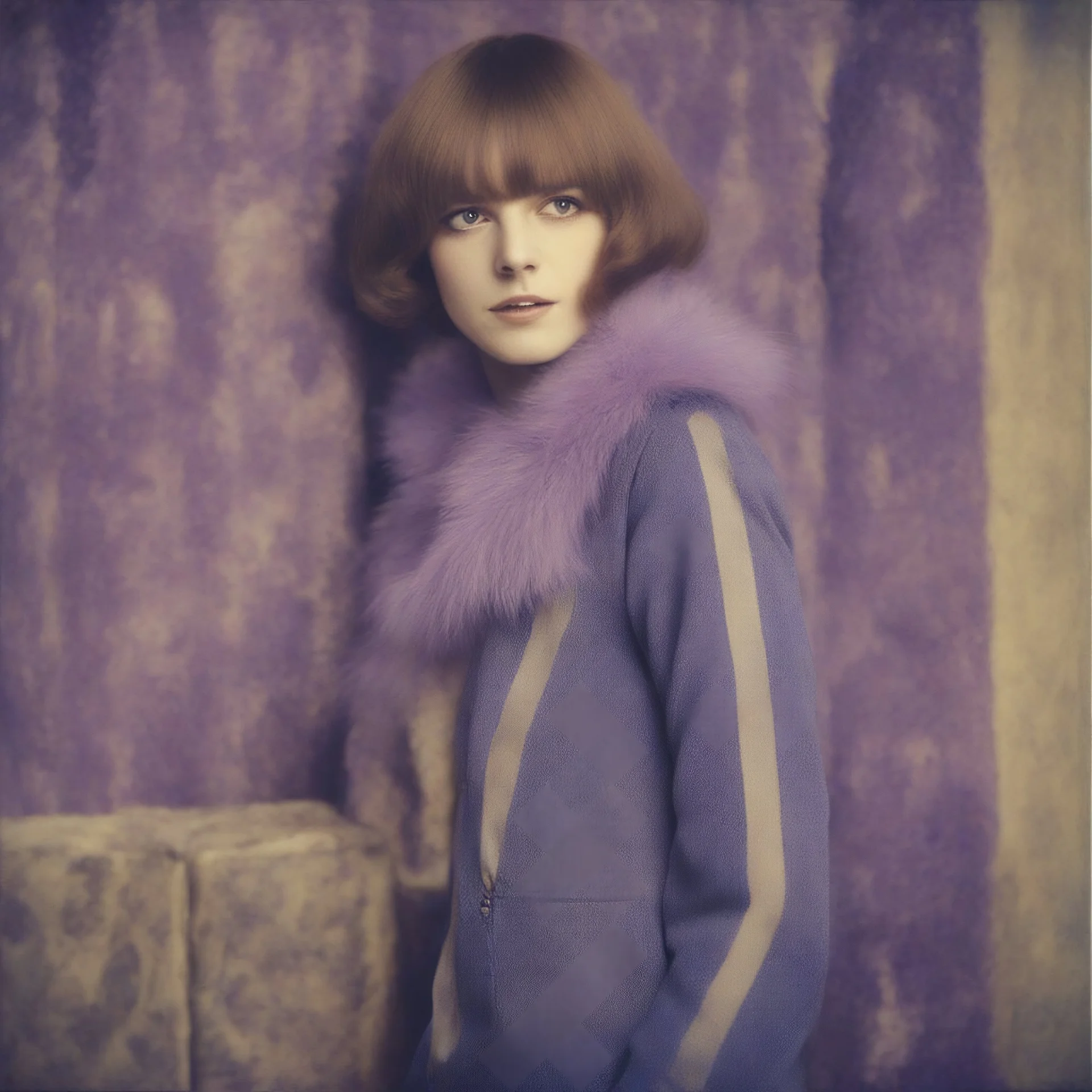Mary Quant, Hippie girl, jeans, purple fur, striped wallpaper, old autochrome