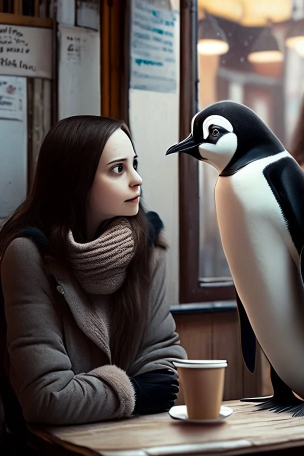 young woman talk to a penguin in coffee-shop