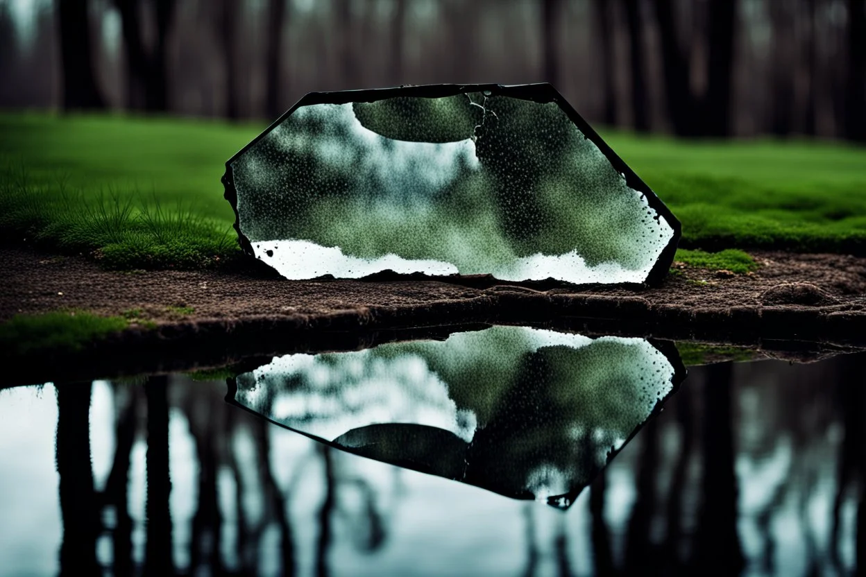 A broken piece of glass old vintage mirror, reflecting its surroundings on the water's surface. The damaged glass creates an interesting visual effect and captures the attention of the viewer, dramatic , weird, thriller, high detalied, realistic