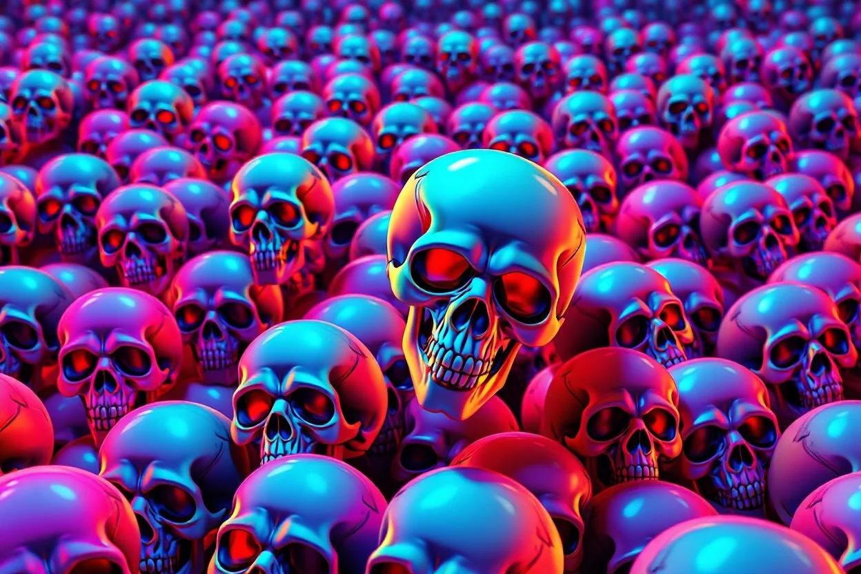 a field of 1000s of cartoonish, anatomically correct, skulls, vivid RANDOM BRIGHT neon colors, dark comedy, well lit, high detail, photorealistic, horrorcore, fun, scary, none featured, each a different color or hue,