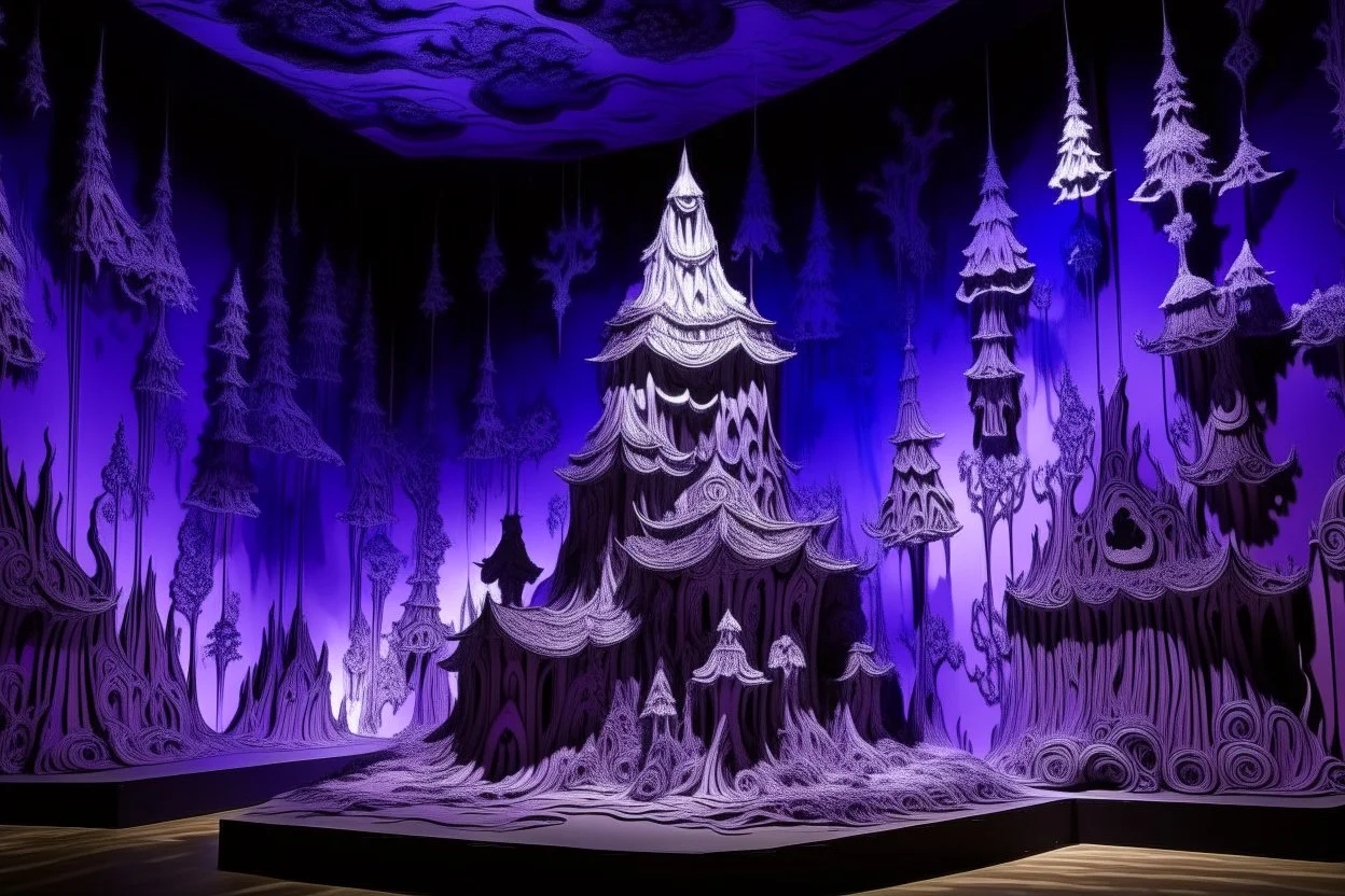 A purple outer space with ghosts of illusion designed in Javanese shadow puppets painted by Francis Danby