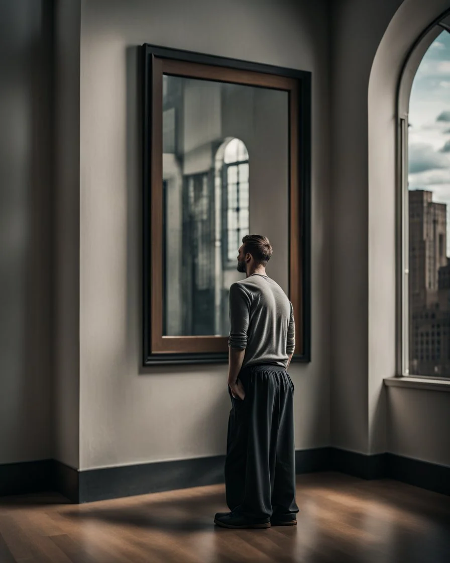 A man with his back to us looking out the big window and feeling depressed