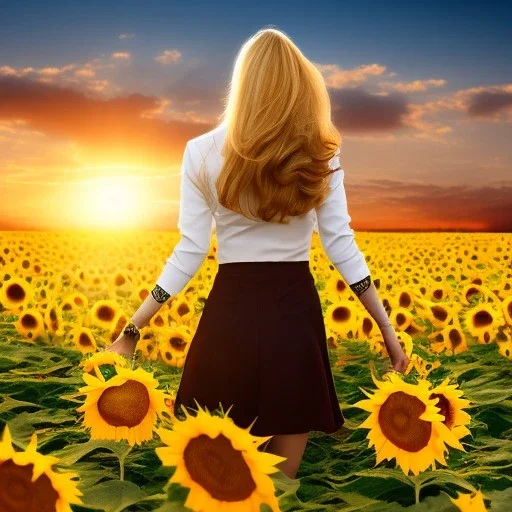 woman, back view, long brown clothes, blond hair, sunflower field, sunset