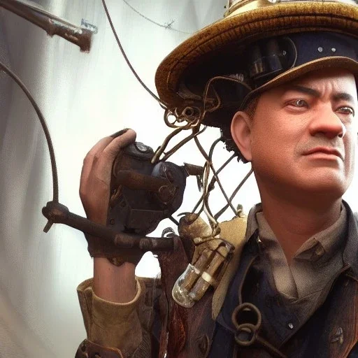 Tom Hanks steam punk character very detailed cinematic unreal engine photo realistic, dramatic lighting