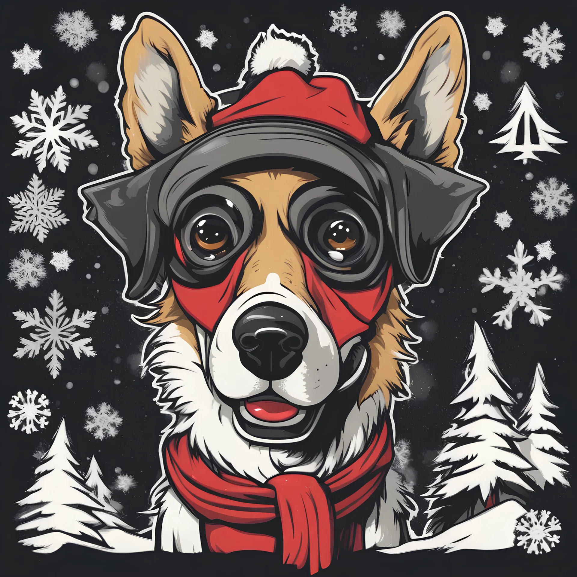 Vector graphic for t-shirt design, sticker, centered circle masked, (smiley Santa dog, Party, Graffity, streetwear, Tree, Snowflakes, Christmas scene), retro style, white clean background, solid white background, Vivacious, Cheiron Crush, Furry, fisheye, Houdini rendering, Grainy, badge, black colors, Grindhouse, Beautiful lighting, Realistic dramatic lighting, highly detailed environment, cinematic quality, Redshift render, 4k