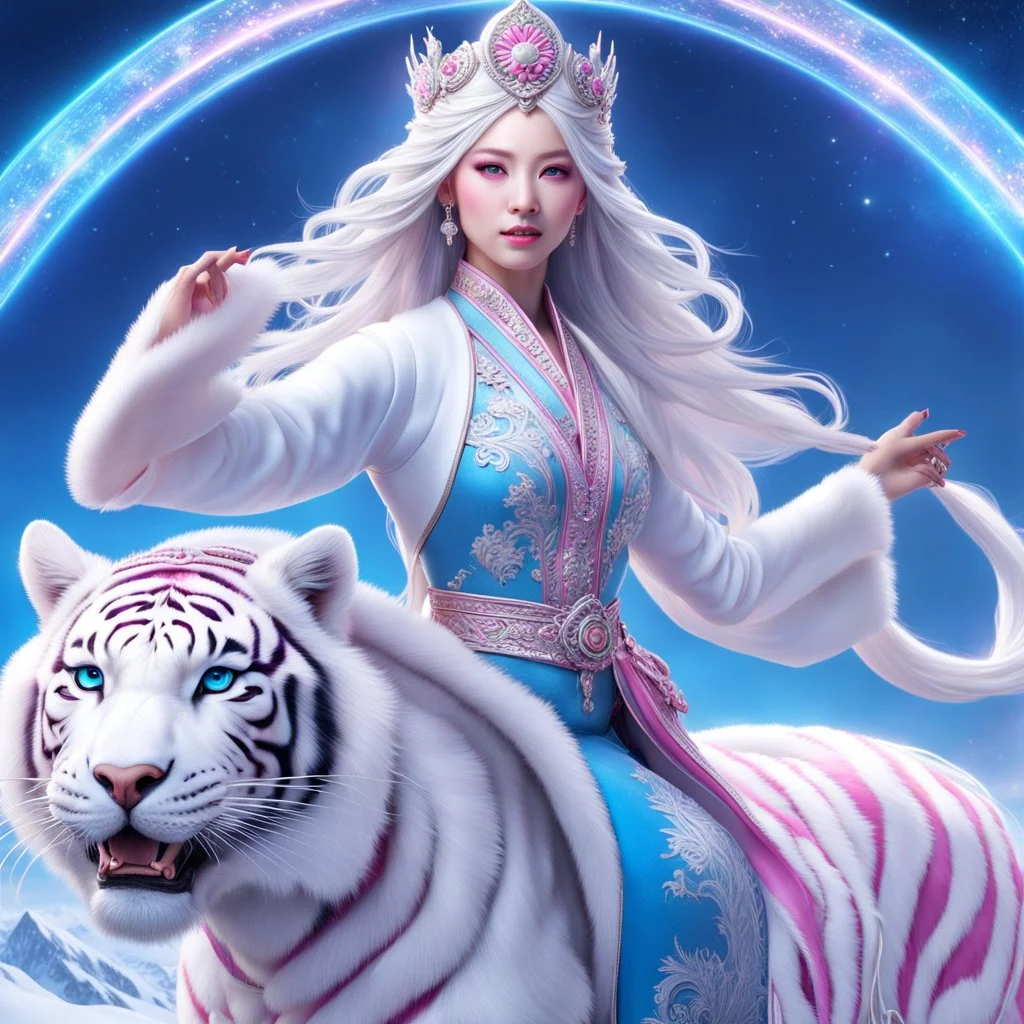 (masterpiece, best quality, 8k, RAW photo, beautiful and aesthetic:1.2), complex detail, Indirect light, photorealistic, (((full body))), 2 Gorgeous Cosmic asian goddess smiling, long white hair, blue eyes, Mixed, sci-fi and traditional asian outfit with pink velvet and white furs, riding a white tiger who is running in a snowy landscape with bokeh