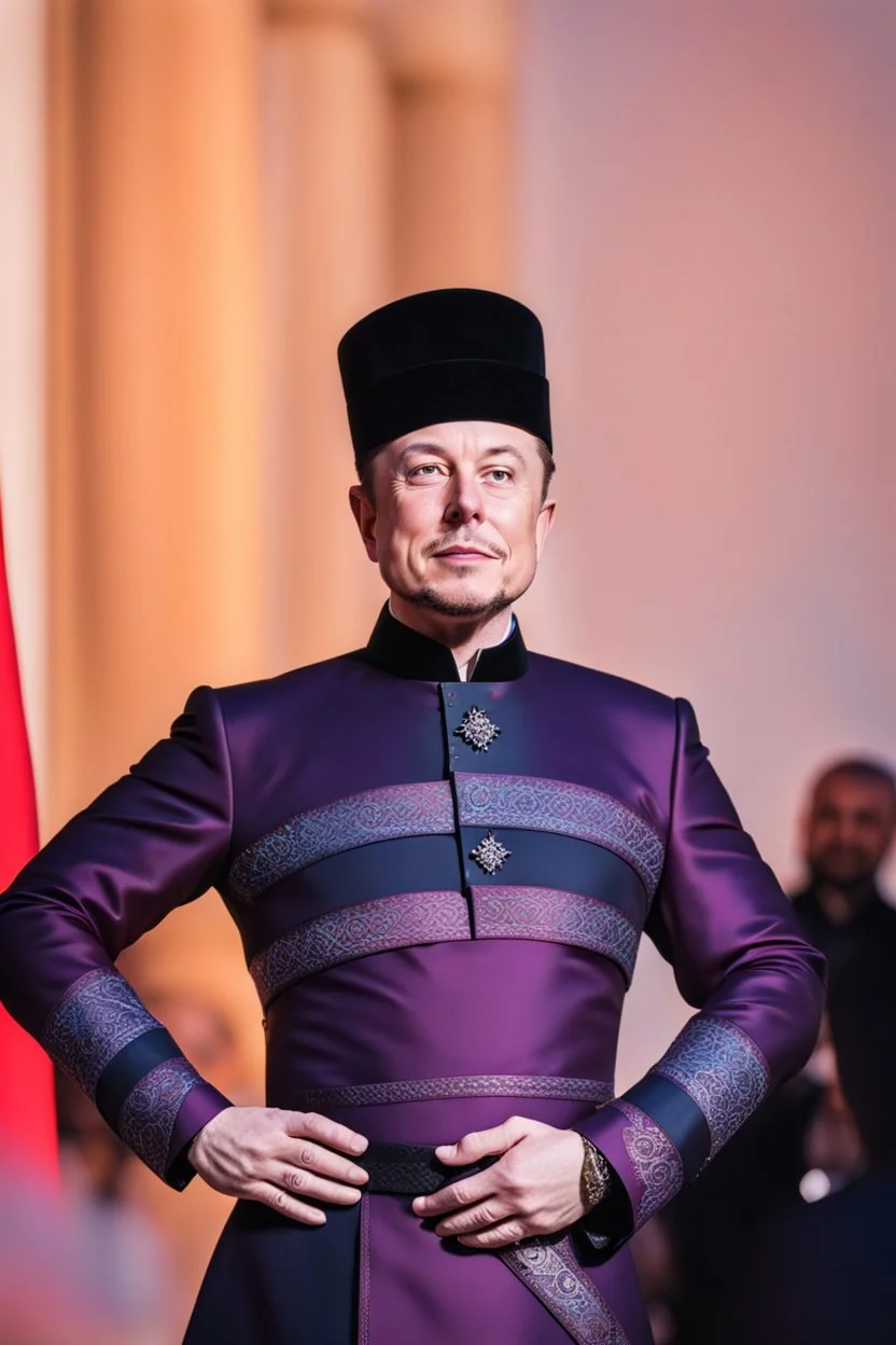 Elon Musk i n Azerbeyjan traditional costum color full ,upper body ,blury background ,closeup ,sharp focus